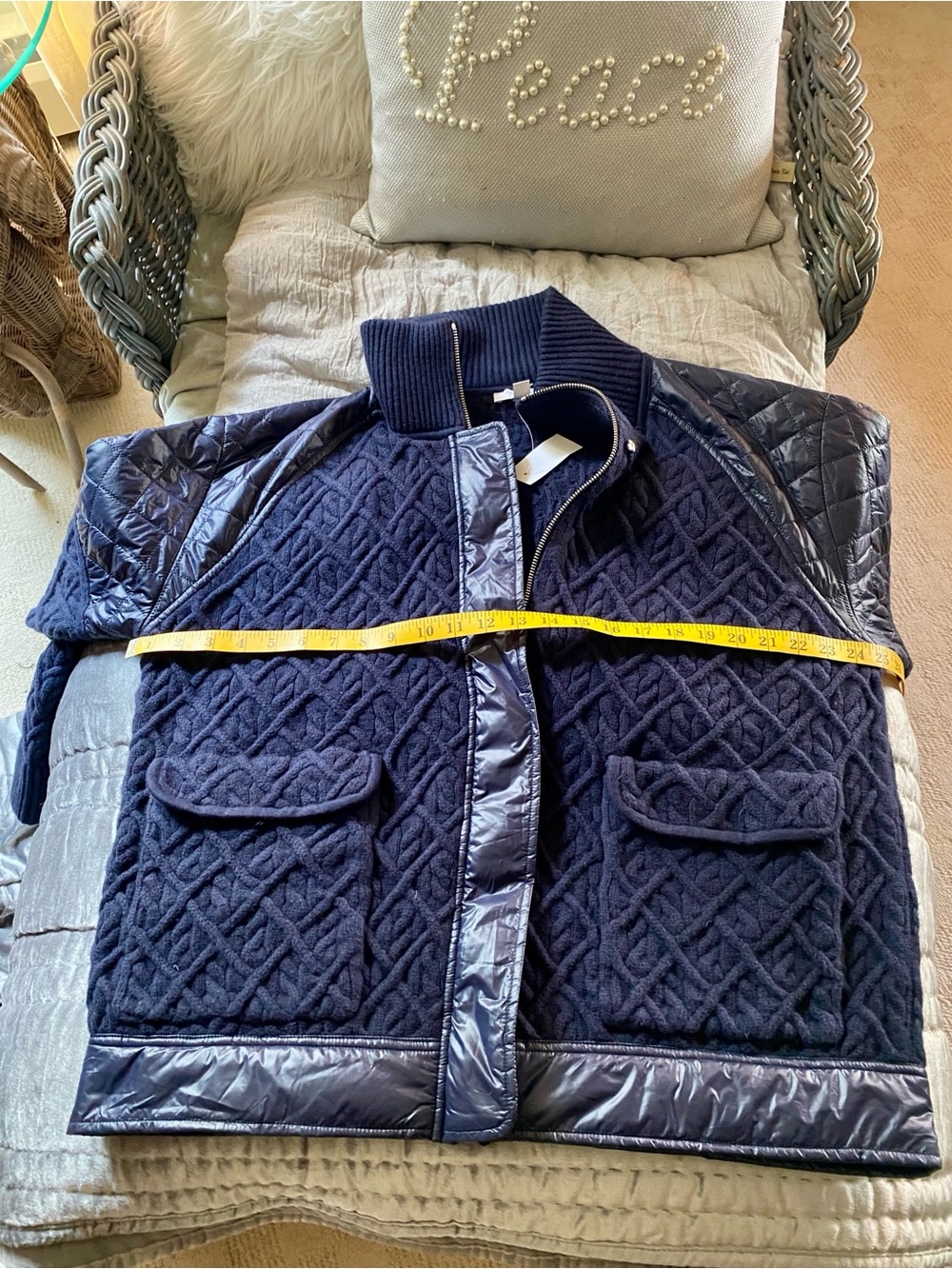 Ann Taylor Navy Quilted Knit & Nylon Bomber Jacket